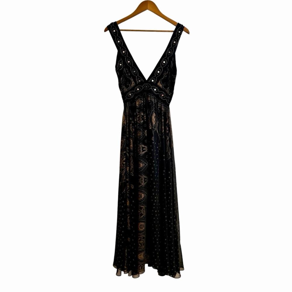 Free People Candela Embellished Mirror Maxi Dress Boho Festival Black Gold Sz 2 - Picture 6 of 11
